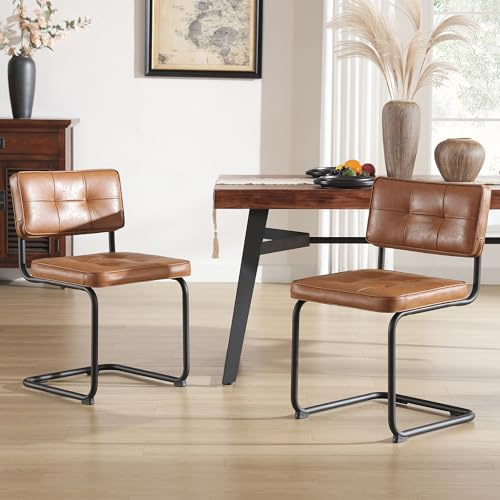 Zesthouse Cantilever Dining Chairs Set of 2, Faux Leather Black Leg, Brown | Tufted Upholstered Seat & Back, Kitchen Chairs, Space-Saving, Mid-Century Modern, Easy Assembly, Accent Chair for Home Office