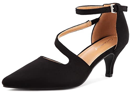 Greatonu Femmes Chaton Talons Chaussures De Mariage Dames Cheville Sangle Boucle Croix Pointu Toe Sandale Taille EU 39 Noir-A