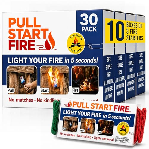 Pull Start Fire Pull String Firestarter | No Matches Required, Fire Starts in Seconds | for Campfires, Grill, Fireplace, BBQ | Lights Wet Wood, Easy to Use, Food Safe and Weather Resistant | 30 Pack