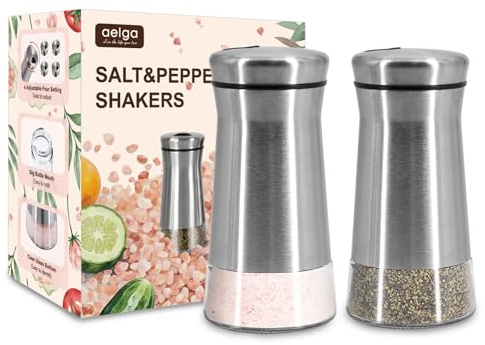 Farmhouse Salt and Pepper Shakers with Adjustable Pour Holes, Refillable Salt Shaker by Aelga, Ideal for Himalayan, Kosher, Black and White Pepper