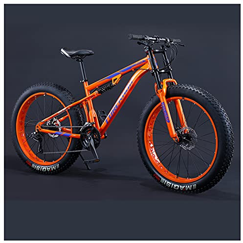 NENGGE Mountainbike Fatbike 26 Zoll Mountainbike, 7/21/24/27/30 Gang-Schaltung Erwachsene Fette Reifen Fahrrad, Rahmen Kohlenstoffstahl, Herren Damen Vollfederung Bike,Orange Spoke,24 Speed