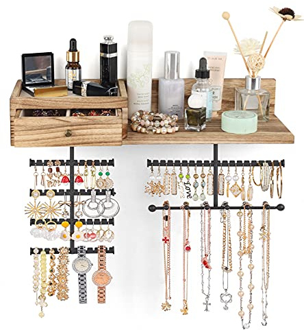 VINAEMO Jewelry Organizer Hanging Wall Mounted Jewelry Holder with Rustic Wood Drawer & Large Capacity Storage Shelf Rack Display for Earrings Rings Necklaces Bracelet