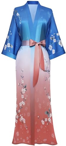PRODESIGN, Vestaglia lunga kimono da donna, in raso, biancheria da notte, kimono di seta, copriletto da notte, abito da casa, camicetta, cardigan, Gradiente di colore: arancione, Taglia unica
