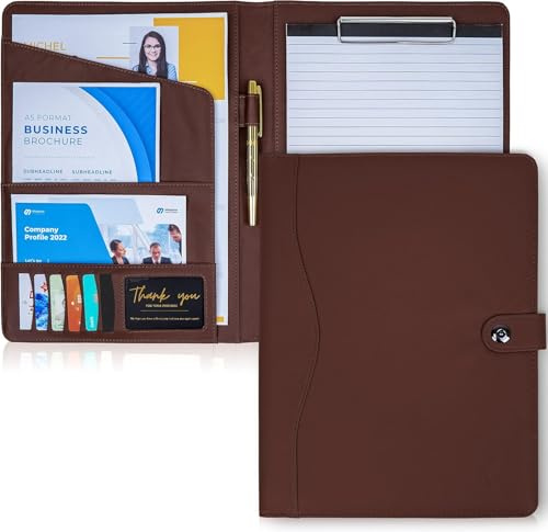 AMKSONS Schreibmappe A4 in Braun inklusive Klemmbrett & DIN A4 Notizblock - Premium Konferenzmappe aus PU-Leder mit Dokumentenfächern, Stiftehalter, Klappdeckel und Magnetverschluss