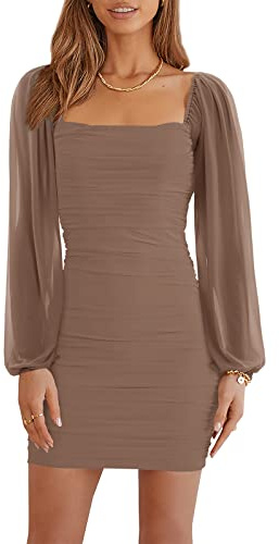 Wenrine Damen Kleider Party Cocktail Club Bodycon Kleid Hochzeitsgast Mesh Langarm Square Neck Minikleid Slim Fit(Braun,M)