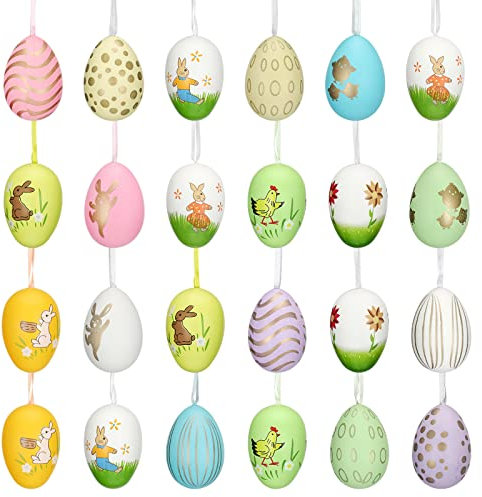 Luclay 24x Deko Eier Ostereier Plastik Kunststoffeier zum Aufhängen mit Mustern für Ostern Party Bunte Dekoration Osterdeko Basteln Aktivitäten für Familien