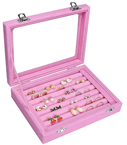 Vicoter Rings Organizer Tray 7 Slots Velvet Jewelry Earring Storage Box with Transparent lid Jewelry Display Case for Girls Wife Mom Women (Pink)
