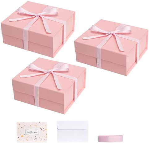 CHARMGIFTBOX Lot de 3 boîtes cadeaux magnétiques pliables avec couvercle - 18 x 17 x 8 cm - Rose - Avec carte - Pour fête d'anniversaire, demoiselle d'honneur, cadeaux de Noël