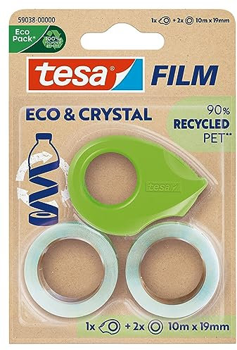 tesafilm eco & crystal Klebeband - transparenter Klebefilm aus wiederverwertetem PET-Material - reißfest, mit starker Klebkraft - Set mit kompaktem Klebebandabroller - 2 Rollen á 10 m x 19 mm