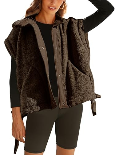OPCAKM Women's Fuzzy Fleece Vest Oversized Sleeveless Sherpa Jacket Warm Button Down Gilet Outerwear with Pockets(Brown-M)