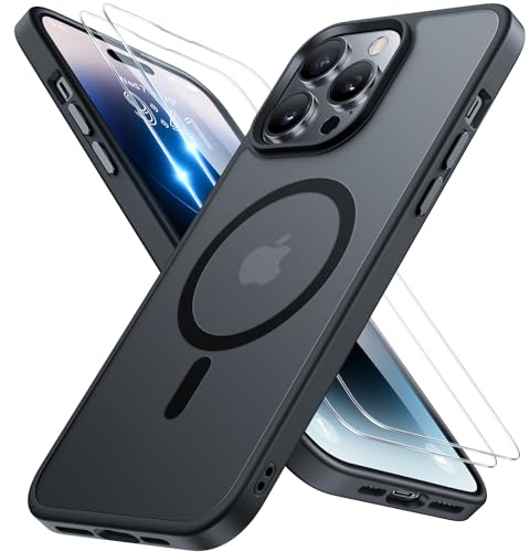 Miracase Magnetic for iPhone 14 Pro Max Case 6.7 inch (Compatible with MagSafe)(with 2X Screen Protectors) Military-Grade Protection, Anti-Fingerprint Translucent Matte Phone Case Cover, Black