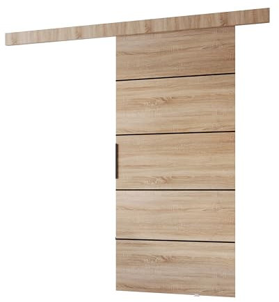 MINIO go for it - Porte Coulissante Interieur 96 cm, Système Porte Coulissante PRIM 2K, Porte Interieur, Portes Coulissantes - Baguette Décorative en Chêne Sonoma, Chêne Sonoma/Noir