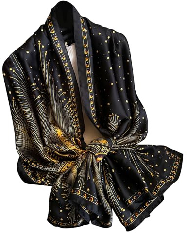 WaJuemy Fashion Satin Scarf Shawl Wrap for Women Long Lightweight Elegant Silky Scarves Floral Designer Headscarf Neck Wraps (01 Black)