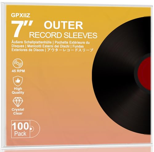 GPXIIZ Vinylfodral Yttre 7 Tum, 100x Kristallklara LP Vinyl Skivfodral | 3 Mil Tjock Högdensitets polypropylen, Plast skyddande Record Vinyl Sleeves Passar för 7 EP-skivor, Syrafri, 190 mm x 190 mm