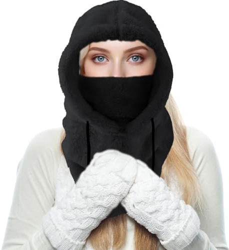MUNSKT Skidmask, kvinnor ansiktsmask för kallt väder kvinna, termisk sherpa fleece-huva, vindtät justerbar varm skidmask, för utomhuscykling, skidåkning sport svart, Svart, S/L