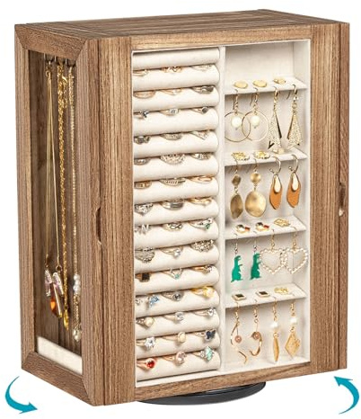 Emfogoo 360° Rotating Jewellery Box for Women, Rustic Wooden Jewellery Organiser with 5 Drawers, Glass Doors, Vertical Open Design Jewellery Storage Display for Earrings Rings Necklaces Bracelets