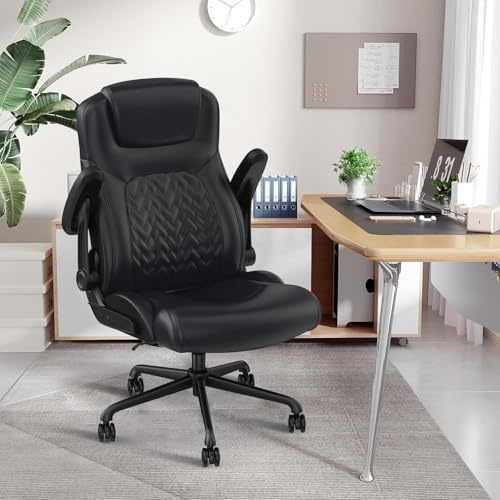 Flysky Silla de Oficina Ergonómica con Capacidad de Carga de 200 kg, Silla de Escritorio de Cuero PU con Soporte Lumbar y reposabrazos abatibles, Respaldo Alto, para el hogar y la Oficina, Negro