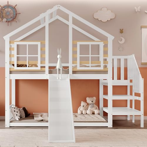LAKFEW Letto a Castello per Bambini 90x200 cm con Scivolo e Finestra, Letti a Castello con Scale e Sponde, Lettini Bambini con Protezione Anticaduta, Senza Materasso, Bianco