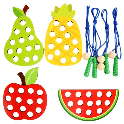 SunYoda 4 Pack Wooden Lacing Toy, Wooden Sorting Stacking Toys, Educational Threading Activity Puzzles, Learning Activity for Kids, Fruit Threading Set Fine Motor Toys for Early Development