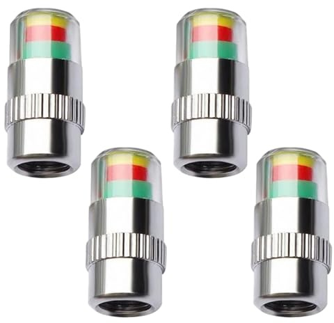 Hopzab 4PCS Car Tire Pressure Monitor Valve Stem Caps with 3 Colors Sensor Indicator, Air Valve Caps for Cars, Motorcycles & Bikes, Anti-theft, Tyre Dust Cover, Includes Nuts