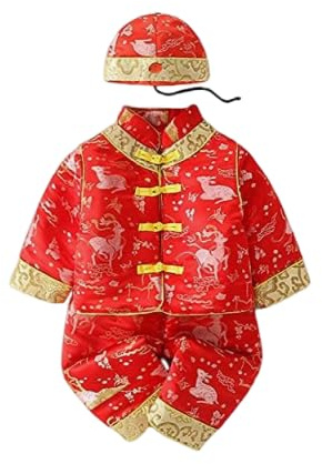Traditional Chinese Tang Suit Set for Baby Boys and Girls, Red Velvet New Year Outfit with Dragon Embroidery and Hat (red3, 66cm)