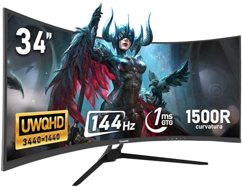 Gawfolk Monitor Ultrawide Da 34 Pollici 1500R Curvo 144Hz Monitor Per Computer Da Gioco, 21:9 UWQHD (3440x1440),Adaptive Sync,Angolo di visione 178°,HDMI、Display Port,VESA75×75MM - Nero