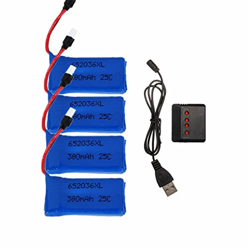 YUNIQUE GREEN-CLEAN-POWER - Kit de 4 Batteries Lipo 25C 3.7V 380mAh pour Drones | Chargeur Inclus | Compatible avec HUBSAN X4, H107, V252, 38x20x8 mm - 12 GR, Bleu