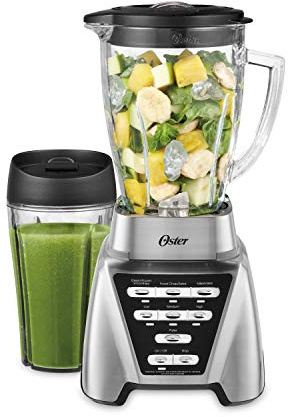 Oster Pro 1200 Smoothie Blender with Glass Jar & 24oz To-Go Cup, Countertop Kitchen Blender with 7 Speeds, 1200W Power, Brushed Nickel