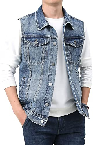 DongBao Veste Gilet en Jean sans Manches Homme Veste en Jean Biker Gilet de motard avec poches