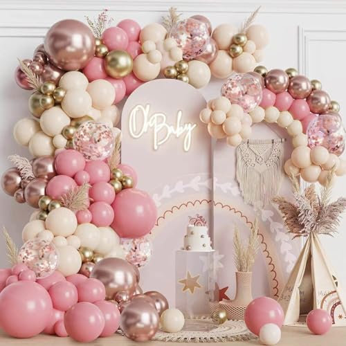 Arco Palloncini Rosa, 128 pezzi Kit Arco per Palloncini Oro Rosa Antico Beige Bianco, Ghirlanda Palloncini Per Decorazioni Compleanno Bambina Battesimo Bimba Matrimonio Baby Shower