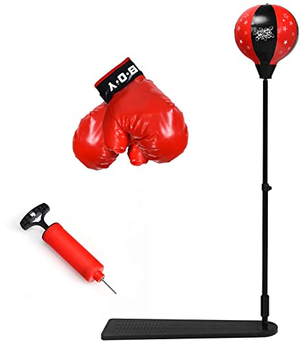 GYMAX Set di Boxe per Bambini, Palla da Boxe con Supporto a Pedale, Altezza Regolabile, Punching Ball con Guanti e Pompa, 66x24x(85-130) cm