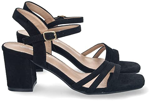 shoes&blues.es Sandale à talons pour femme, confortable avec pelles fines, talon ouvert, fermeture à boucle, printemps été 2023, Noir , 39 EU