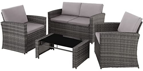 tectake® Loungeset i konstrotting, Elegant Soffgrupp Utemöbler, Sittgrupp med Avtagbara Dynor och Bord, Glasskiva, Väderbeständig Trädgårdsmöbler, Enkel att Rengöra och Montera - Grå/Ljusgrå