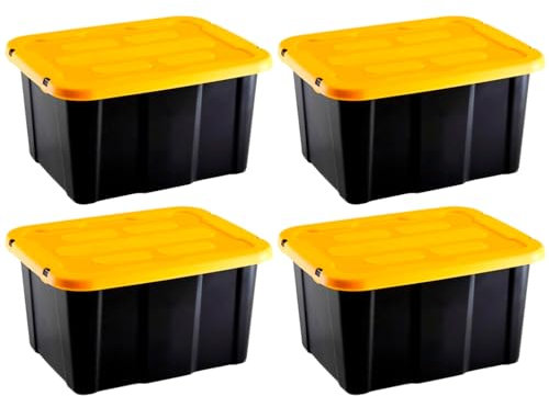 AC - Pack de 4 Cajas de almacenaje apilable con Tapa, plástico, cajón Multiusos, ordenación, Herramientas, hogar, Fabricada en España (Amarillo y Negro - 17 litros - 39,5 x 31,5 x 22 cm)
