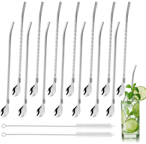 14 Pezzi Cucchiai per Cannuccia in Acciaio Inox,Cucchiaio Cocktail Cannuccia del Cucchiaio di Metallo,Cannucce con Cucchiaio Riutilizzabile,2 in1 Cucchiaio di Paglia per Cocktail,Frullati,Bevande