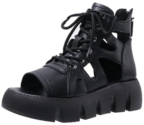 Sandalias góticas Plataforma Alta para Mujer,Sandalias cuña Cremallera Trasera con Cordones y Puntera Abierta Hueca Gladiador Sexy,Zapatos Playa Suaves y cómodos Estilo Romano,Negro,37 EU