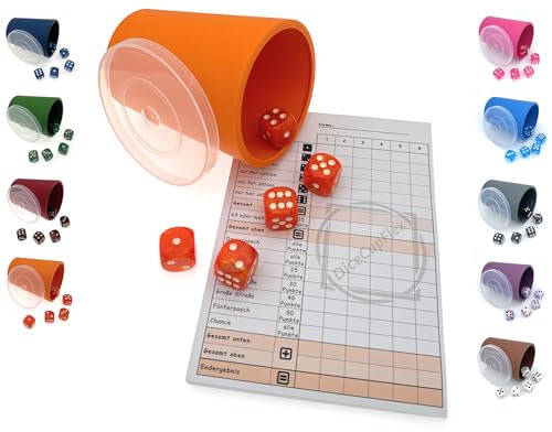 DiceCupFlex - Flexibler Würfelbecher mit Deckel inkl. 5 Würfel und Würfelblock, Spielblock - Made in Germany (Orange)