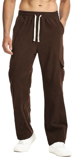Suwangi Manchester Ribbed Byxor Herr Cargo Byxor Vinter Rib Sammet Casual Raka Byxor med Dragsko och Elastisk Midja Med 4 Fickor