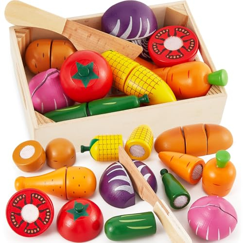 LINFUN KIDS Gioco Verdura da Tagliare Cucina Giocattolo per Bambini Legno Giochi Cibo Gioco di Ruolo Educativo Montessori Regalo Per Bimbo 1 2 3 Anno