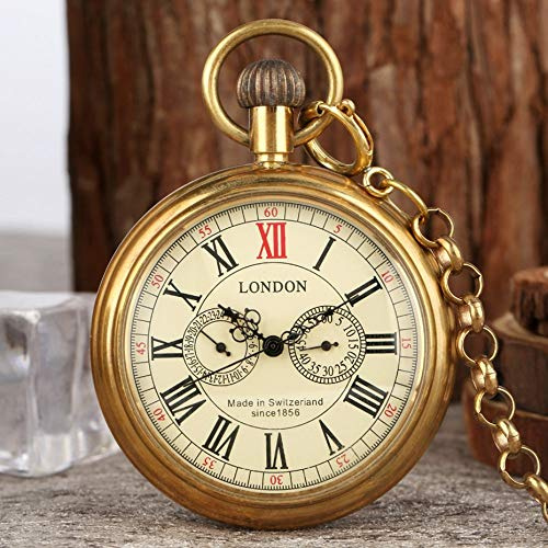 HUIBBGO Reloj de Bolsillo Antiguo de Cobre de Londres, 1856, Reloj de Bolsillo mecánico Antiguo de 5 manecillas y Cuerda Manual, Reloj de Bolsillo para Hombre con Esqueleto, Cadena de 30 cm