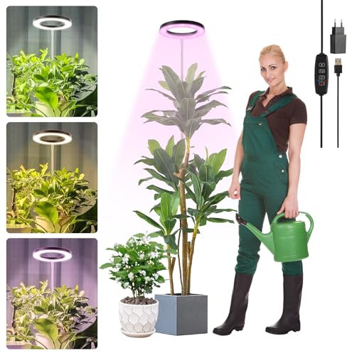 LUZOON Lampe LED à spectre complet avec pied pour plantes d'intérieur - Hauteur réglable de 30 cm à 147 cm - 3 couleurs - Avec minuterie 3/9/12 h - 10 niveaux d'intensité variable avec adaptateur USB