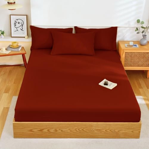 Nayoroom Spannbettlaken 140x200cm Rot Boxspringbett Topper Angenehme Matratzenbezug mit Gummizug Super Weiche Renforce Microfaser Bordeauxrot Aesthetic Bettlaken Spannbetttuch für Matratze bis 25 Hohe