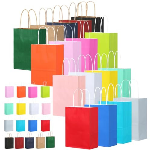 rokrist 17stk Bunt Papiertüten mit Henkel, Geschenktüten 21x15x8cm, Kraftpapiertüte für Weihnachten, Einkaufen, Geburtstag, Hochzeiten, Verpackungen, Partys