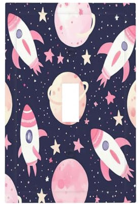 Mexpekil Cute Pink Rockets Planets Light Switch Cover, 1 Gang Single Toggle Wall Plates, Decorative Outlet Covers Switchplate for Home Office