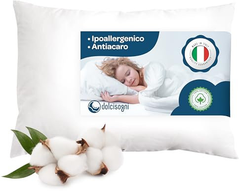 DOLCI SOGNI - Almohada para Niños 2 Años en adelante, para Cuna 60x40 cm - Suave, Hipoalergénica y Antibacteriana de Algodón Natural - Almohada Transpirable