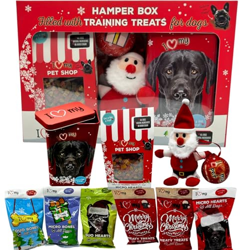 Hundpresentkorg – 6 x 100 g blandade hundgodis, 175 g godis, mjuk leksak och tennburk – gåvor för hundar, träningsgodis för hund