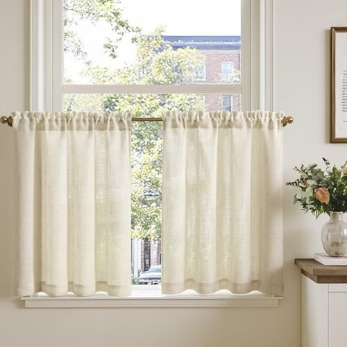 TOPICK Skivgardiner linneutseende bistrogardin för vardagsrum modern set om 2 stycken H 75 x 90 cm kök små fönster ljusgenomsläppliga gardiner lantlig stil köksgardiner kort dragsko grädde beige