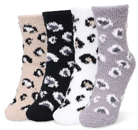 DOINEUFL Calcetines de peluche con estampado de leopardo, calcetines térmicos para mujer (4 pares: blanco, gris, café, negro) - Regalos de Navidad, calcetines gruesos y cálidos de invierno 39-42