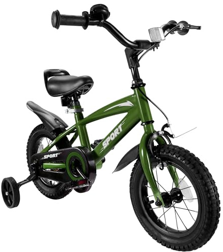 BODIOO Bicicleta Infantil de 12 Pulgadas con Asiento Ajustable, Frenos duales, Ruedas estabilizadoras, Reflector y Guardabarros, Adecuada para Conductores de 84 a 97 cm (Verde)