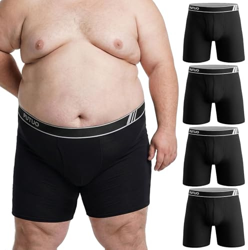 PUTUO Boxershorts för män i plusstorlek: boxershorts med långa ben för män i bomull underkläder - trosor med kroköppning förstärkta bekväma och andningsbara stretchbälten 4 par XL-5XL